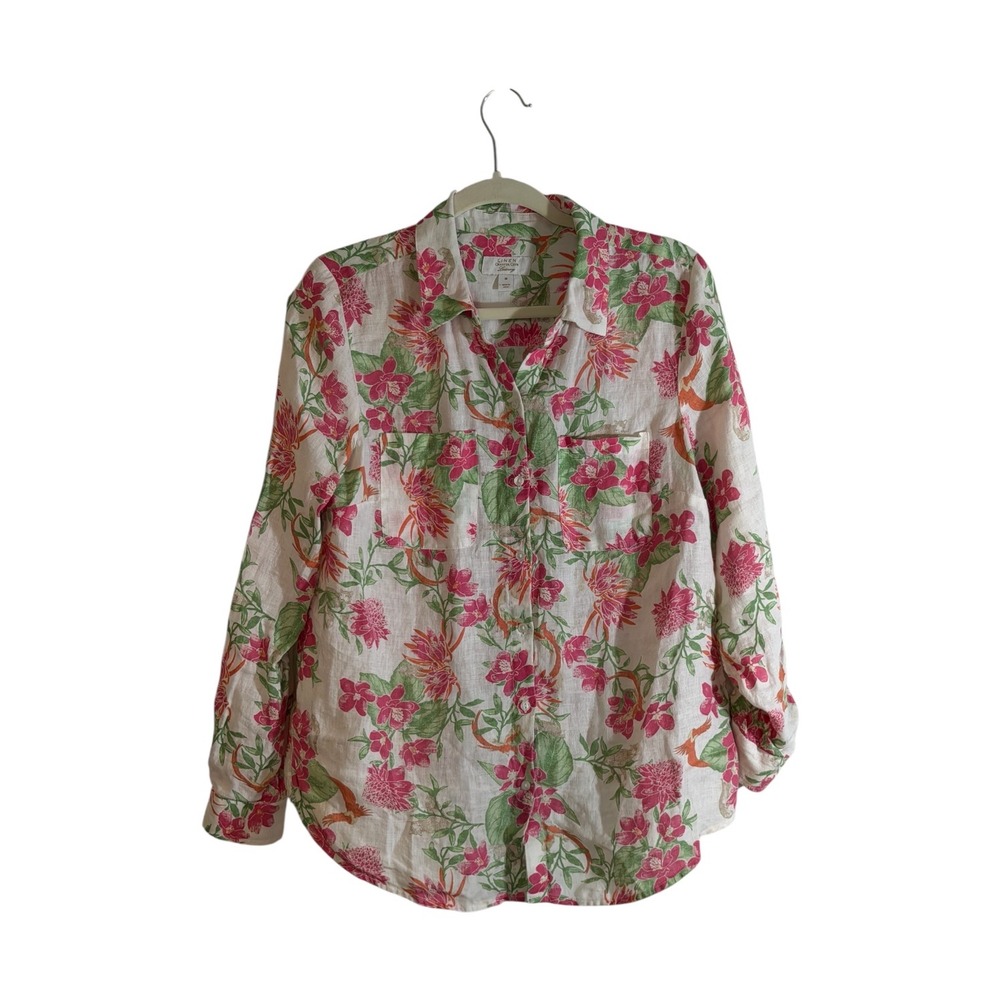 Charter Club Linen Shirt Pink M Womens Floral Button Up Luxury